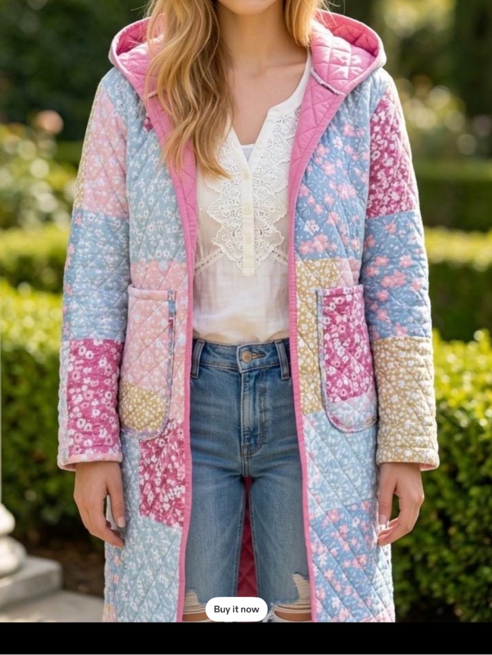 Handmade Quilted Patchwork Hooded Coat in Pastel Floral